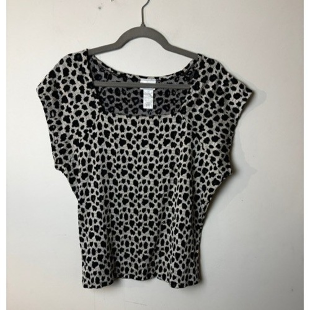 Womens L Blouse Top Beige Black Leopard Print‎ Square Neck Comfy Cap Sleeve